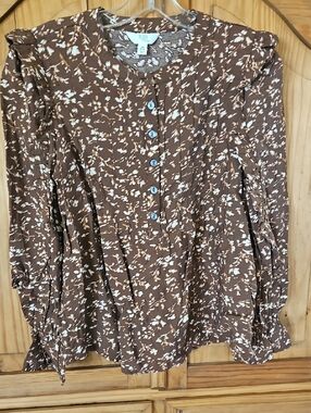 Time and Tru Brown and Cream Floral Ruffle Button-Front Blouse